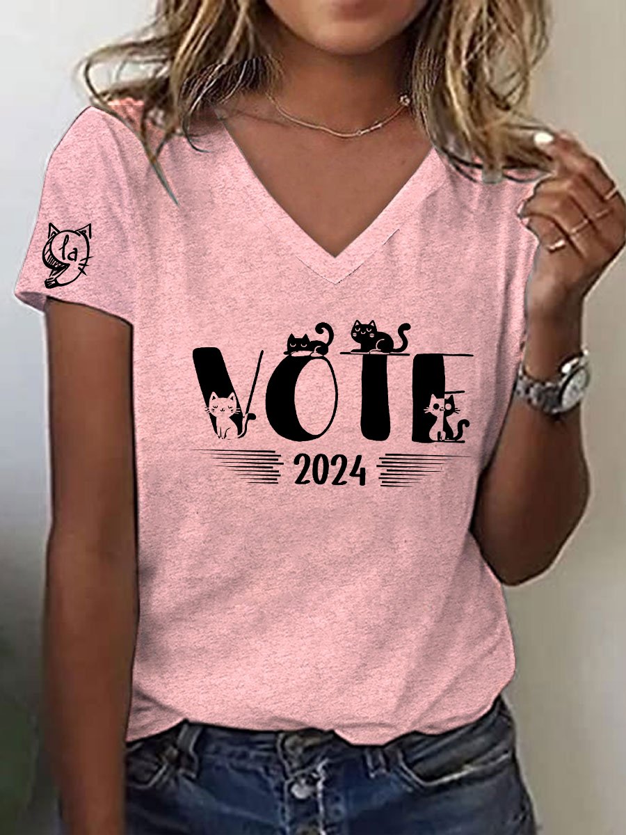 Women's Childless Cat Ladies Printed Casual V Neck T-Shirt
