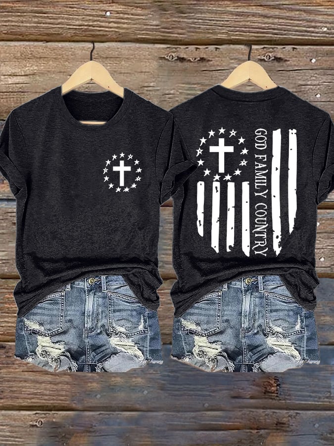 Retro Faith Cross God Family Country Print T-Shirt