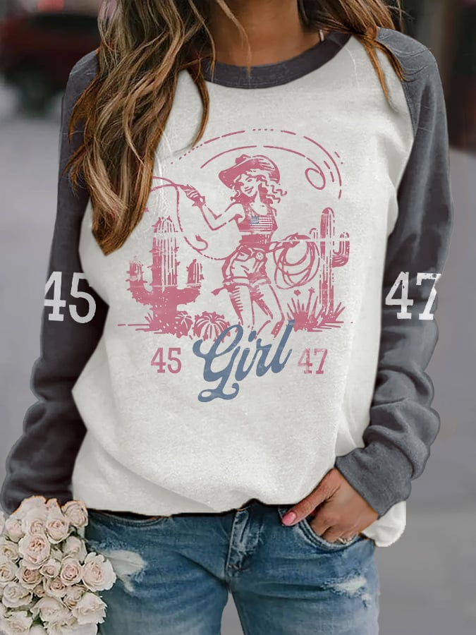 Retro 45 47 Flag Western Cowboy Girl Cactus Print Sweatshirt