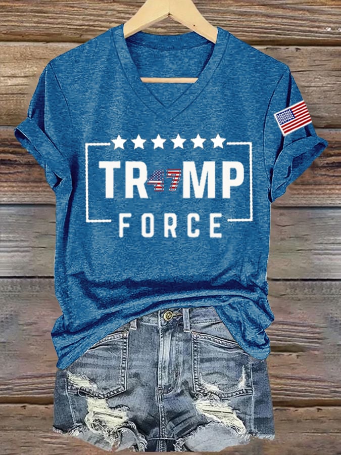 Women's American Flag 47 Print V-Neck T-Shirt