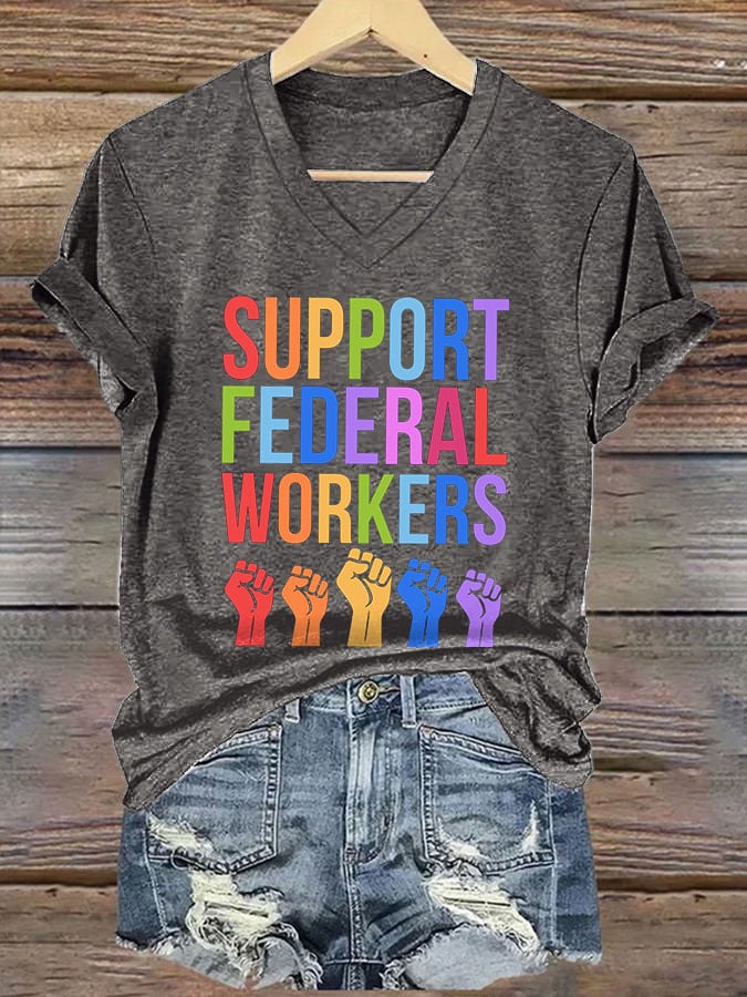 V-neck Retro Support Federal Workers Print T-Shirt
