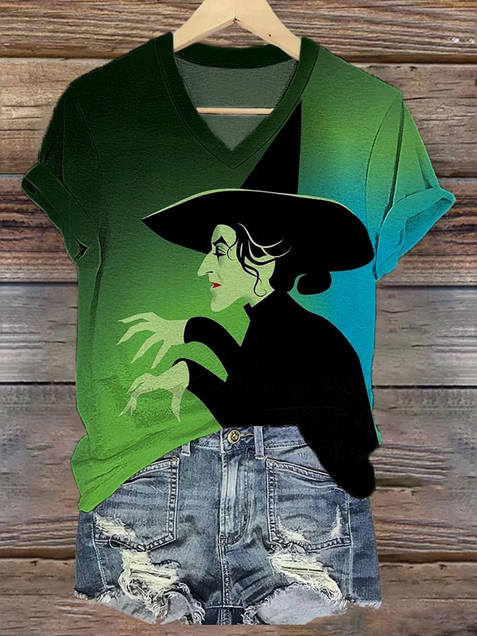 Women's Halloween Wizard Of Oz Witch Print Casual V-Neck Tee