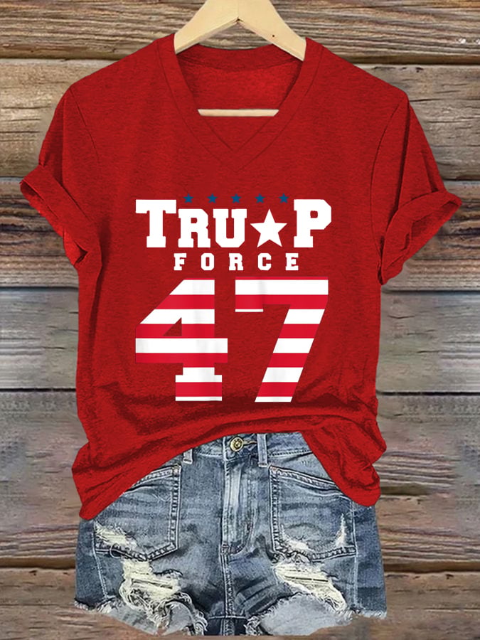 Women's Stars And Stripes 47 Print Casual V-Neck T-Shirt