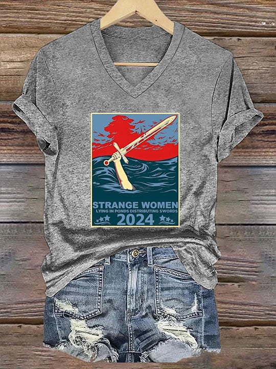 Women's Strange Women Lying In Ponds Distributing Swords Print T-Shirt