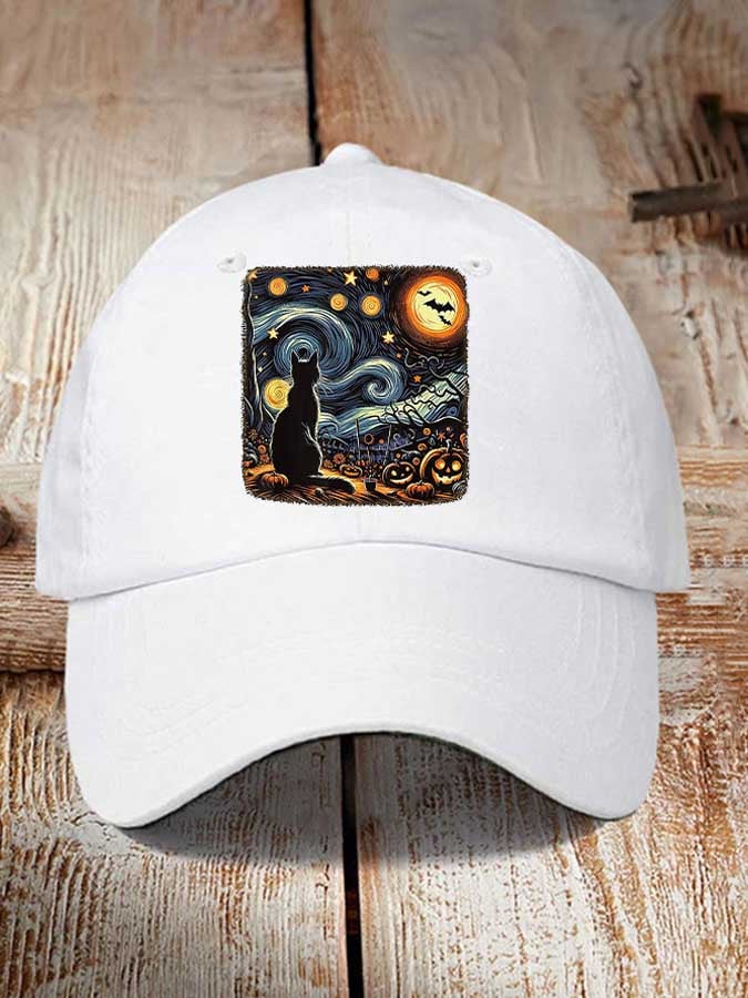 Retro Halloween Van Gogh Starry Night Cat Pumpkins Print Baseball Cap