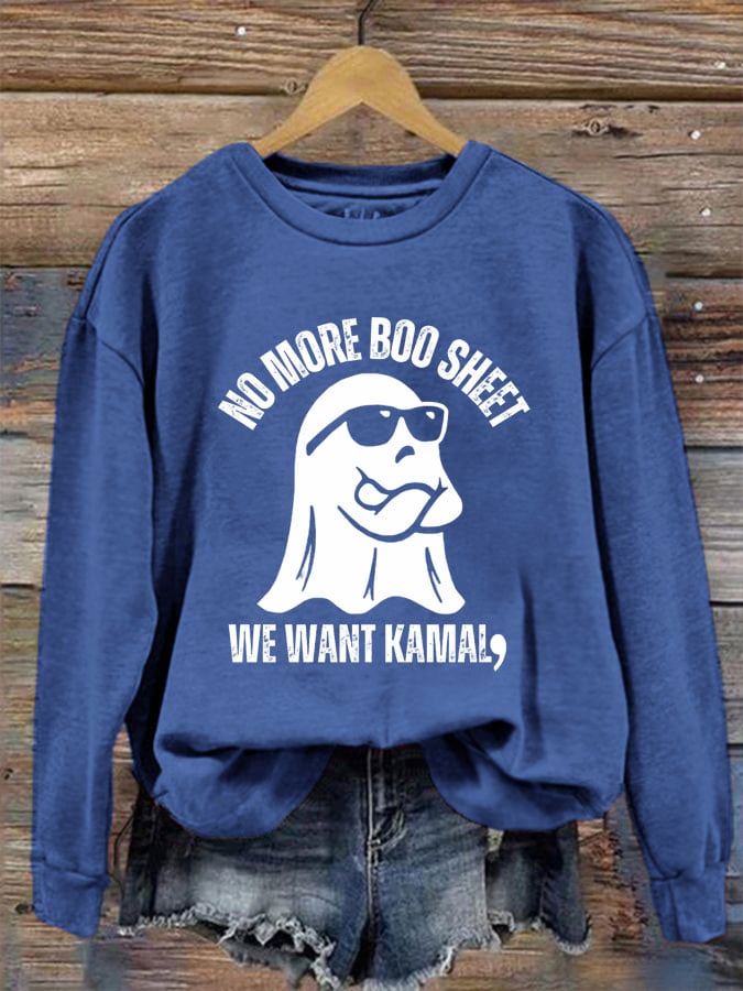 Women's No More Boo Sheet We Want Comma La Print Crew Neck Sweatshirt