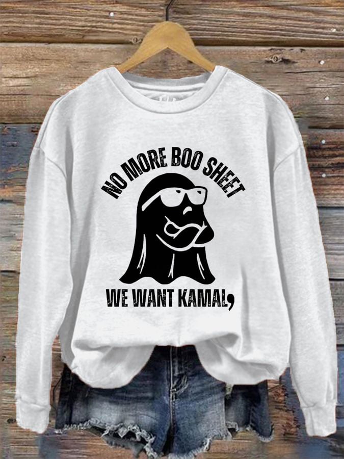 Women's No More Boo Sheet We Want Comma La Print Crew Neck Sweatshirt