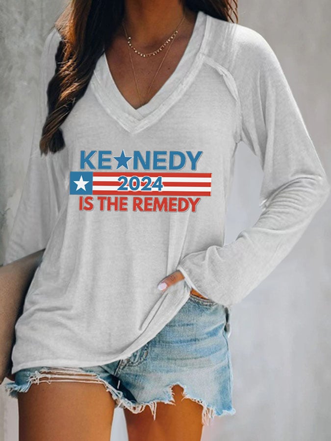 Women's The Kennedy Is The Remedy Print V Neck T-Shirt