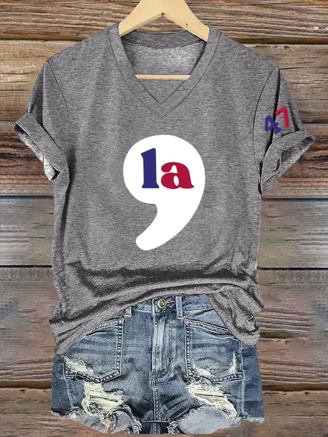Women's Vintage La 47 Printed Casual V Neck T-Shirt