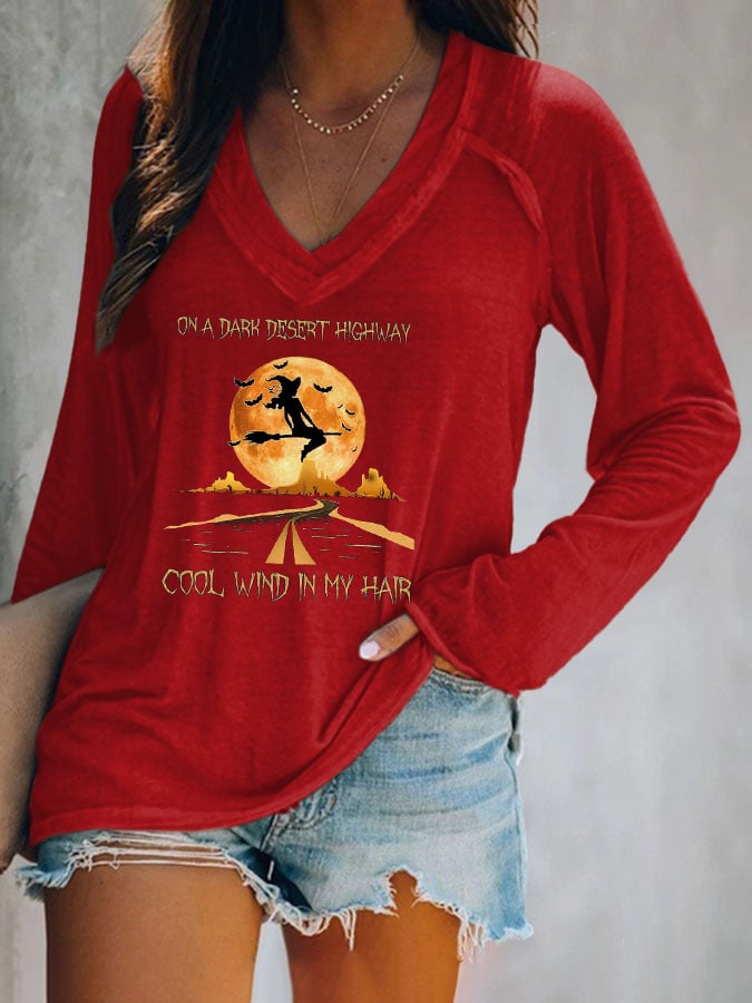 Women's Halloween On A Dark Desert Highway Cold Wind In My Hair Printed V-neck T-shirt
