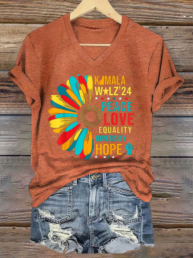 Women's Peace Love Equalty Sunflower Print T-Shirt