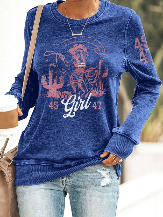 Retro 45 47 Flag Western Cowboy Girl Cactus Print Sweatshirt