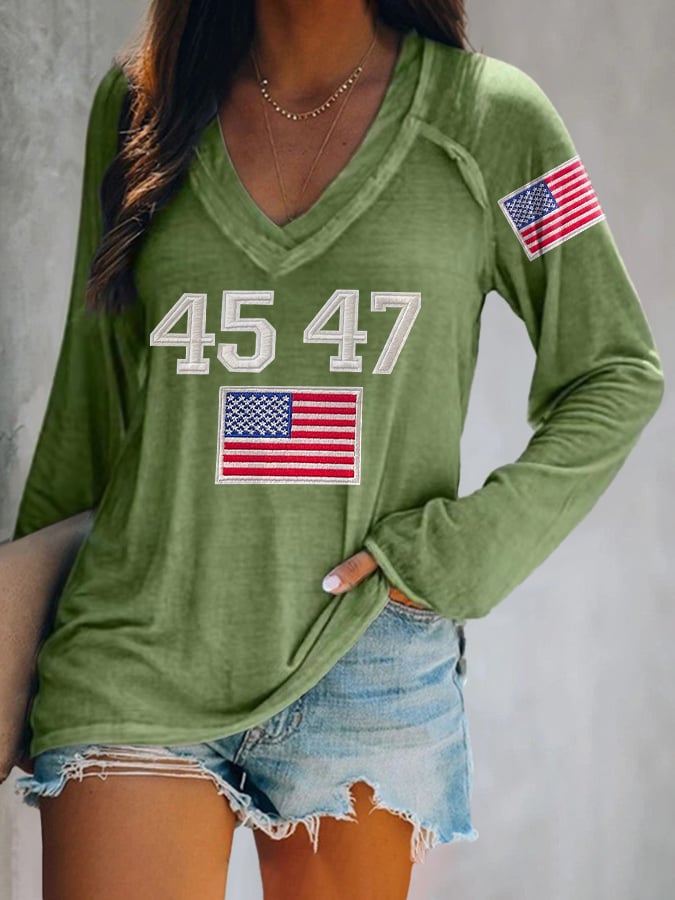 V-neck Retro 45 47 Print T-Shirt