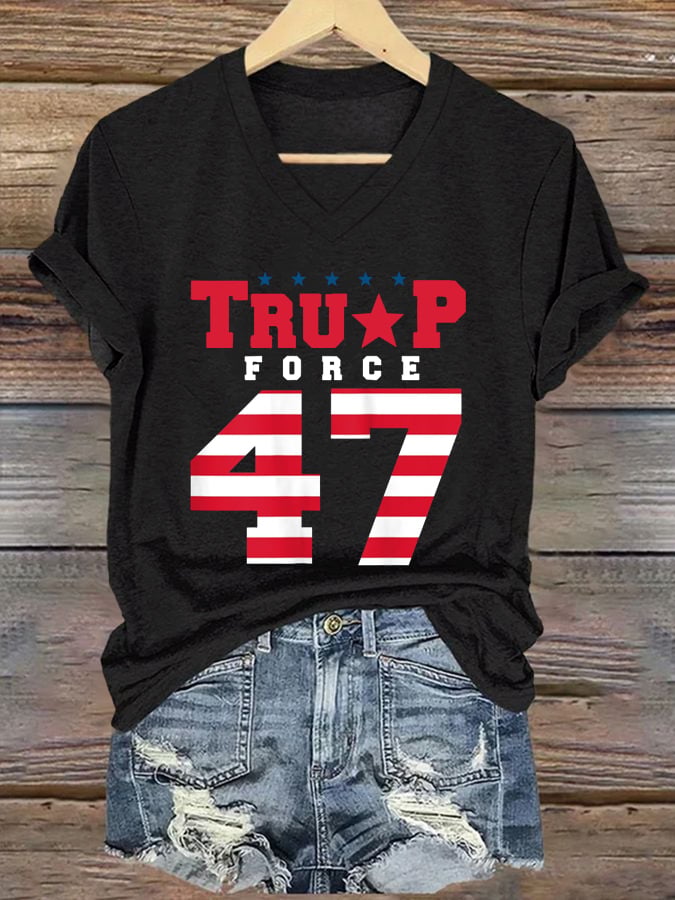 Women's Stars And Stripes 47 Print Casual V-Neck T-Shirt