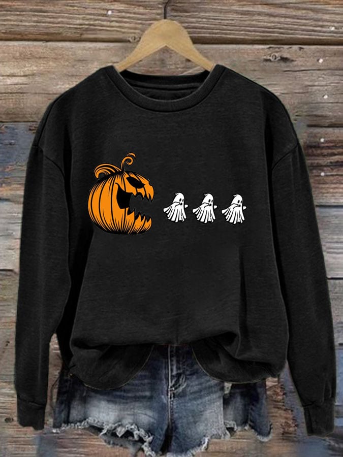 Women's Pumpkin Chasing Ghosts Print Round Neck Sweatshirt