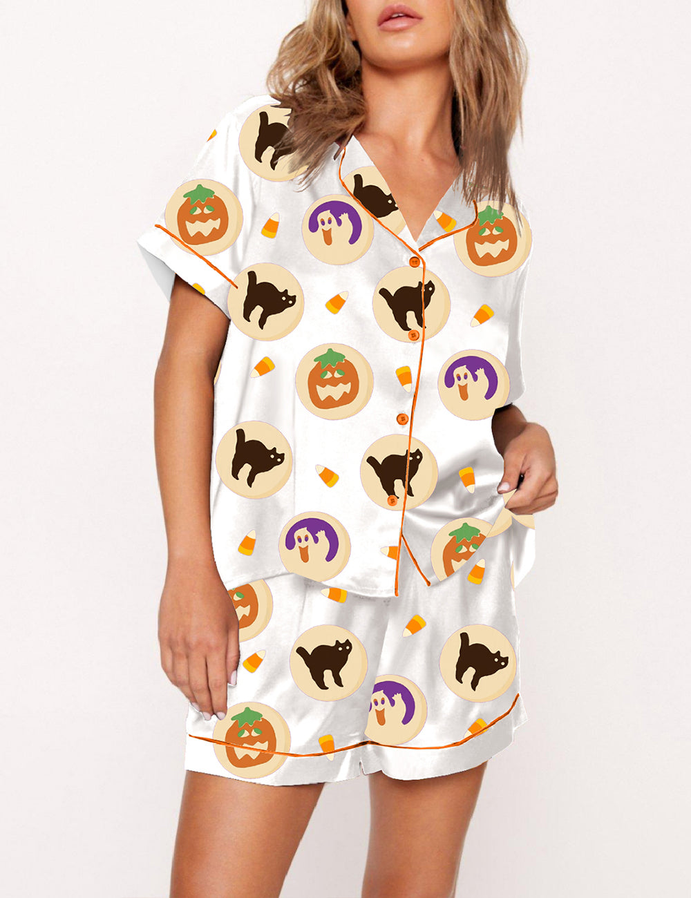Pumpkin Black Cat Halloween Pajama Set