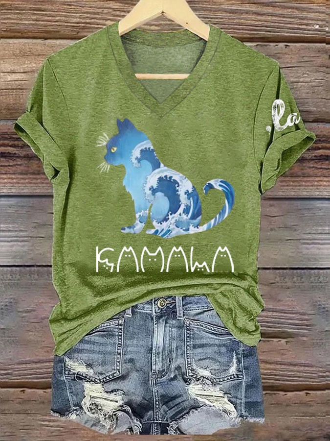 Women's La  Blue Wave Cat Printed Short-Sleeved T-Shirt