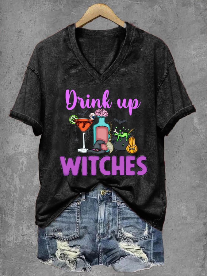 Women's Halloween Witches Drink Up Print V-Neck T-Shirt