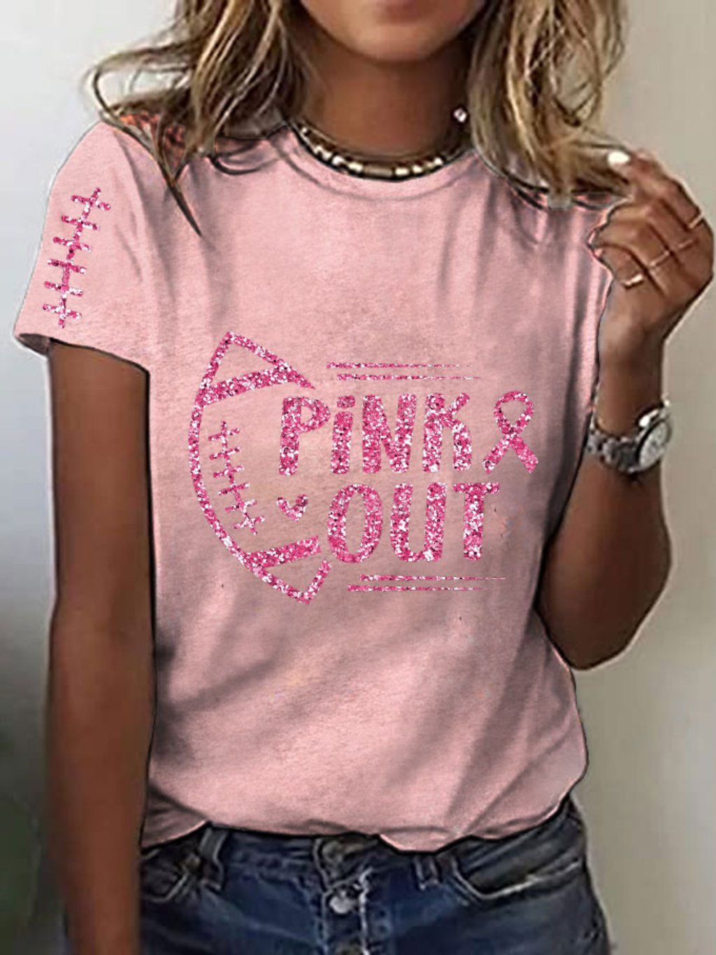 Women's Pink Out Football Breast Cancer Print T-Shirt
