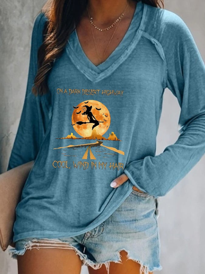 Women's Halloween On A Dark Desert Highway Cold Wind In My Hair Printed V-neck T-shirt