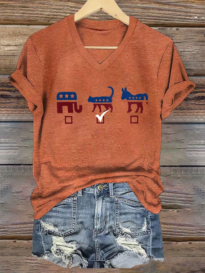 Women's Cat Kamala Print V-Neck T-Shirt