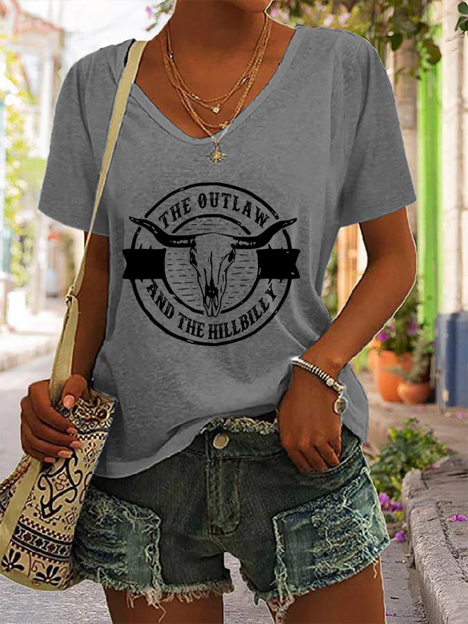 Women's The Outlaw and The Hillbilly Bull Skull Print V-Neck T-Shirt