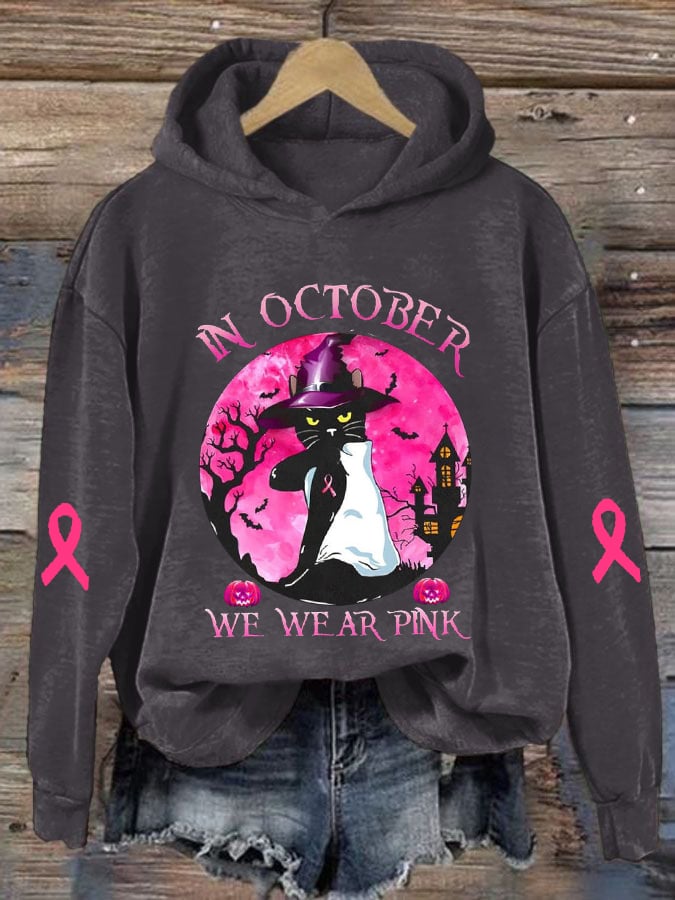 Women's Breast Cancer Awareness In October We Wear Pink With Black Cat Halloween Print Hoodie