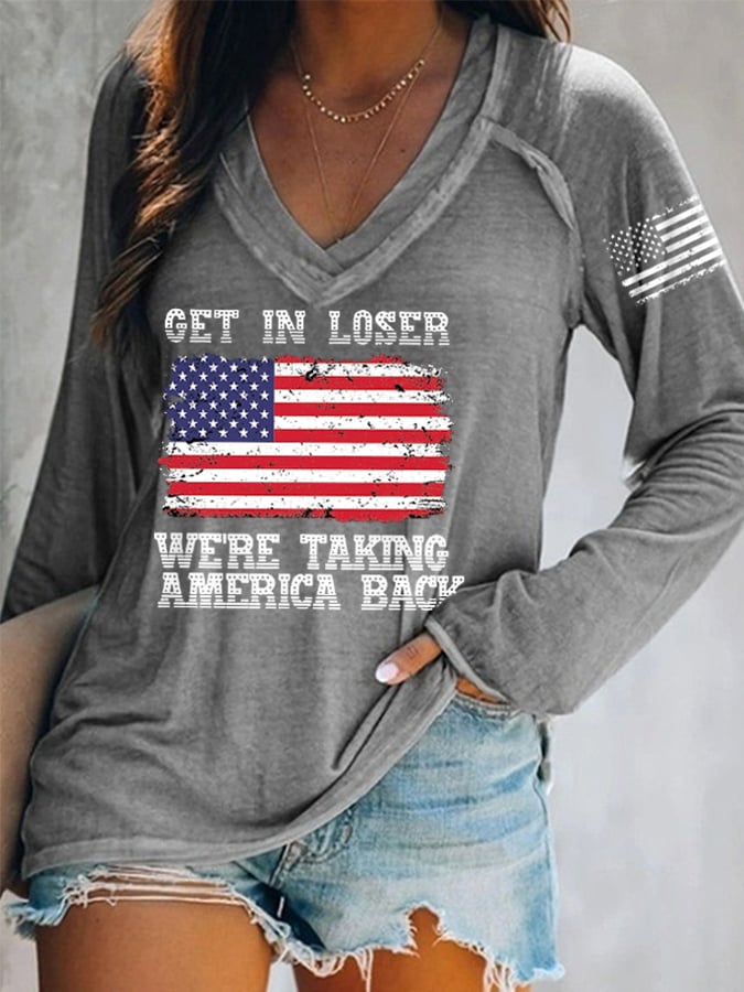 Women's Get In Loser We're Taking America Back 2024 Vote MAGA American Flag Long-Sleeve Top