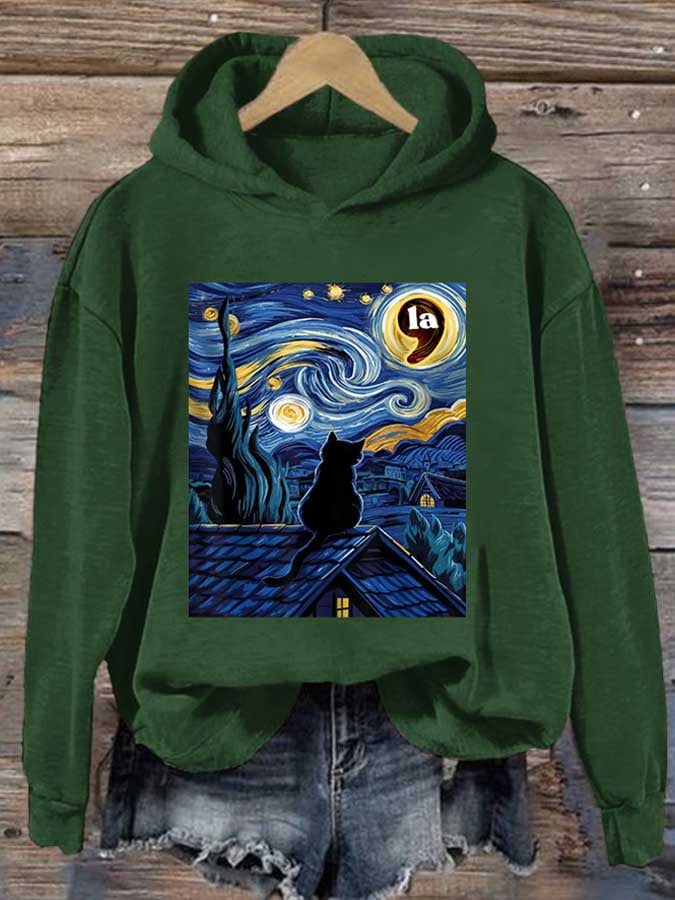 Retro Cat LA Starry Night Print Hoodie