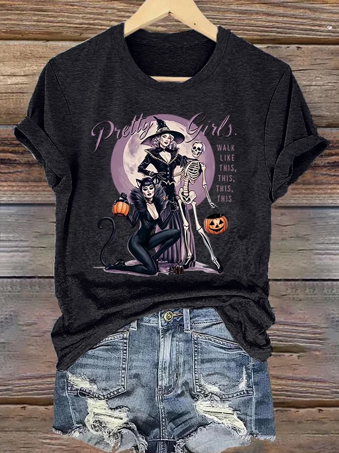Women's Halloween Witch (Pretty Girls Walk Like This This This) Printed Casual T-Shirt