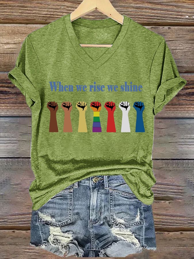 Women's When We Rise We Shine Printed V-Neck Short-Sleeved T-Shirt