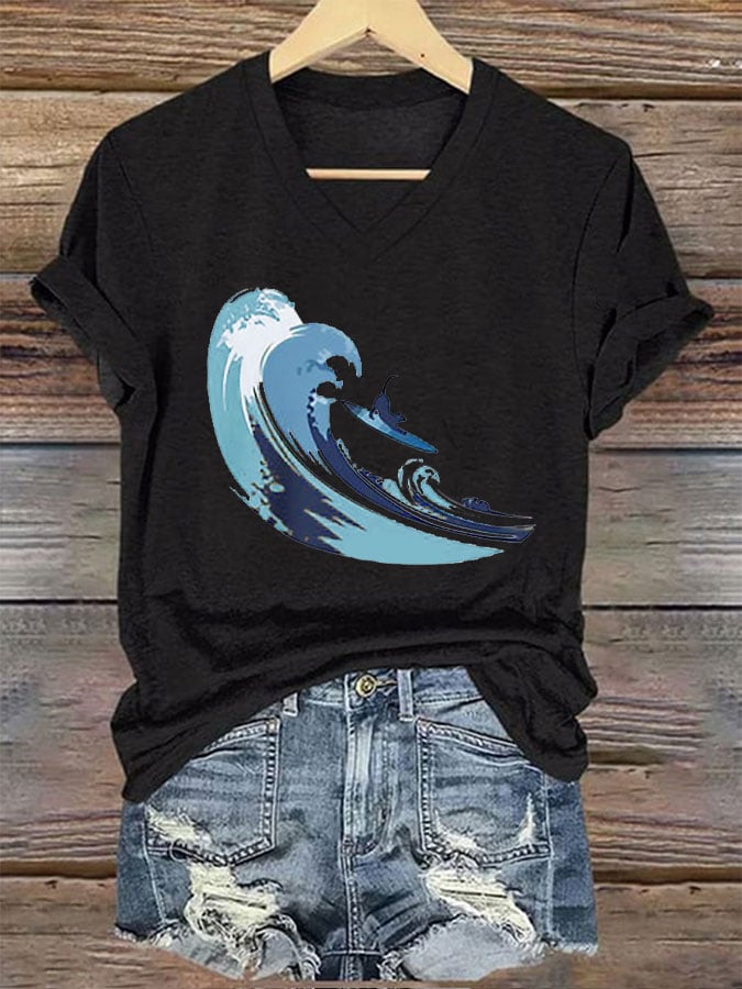Women's Surfing Cat&Blue Wave Print T-Shirt