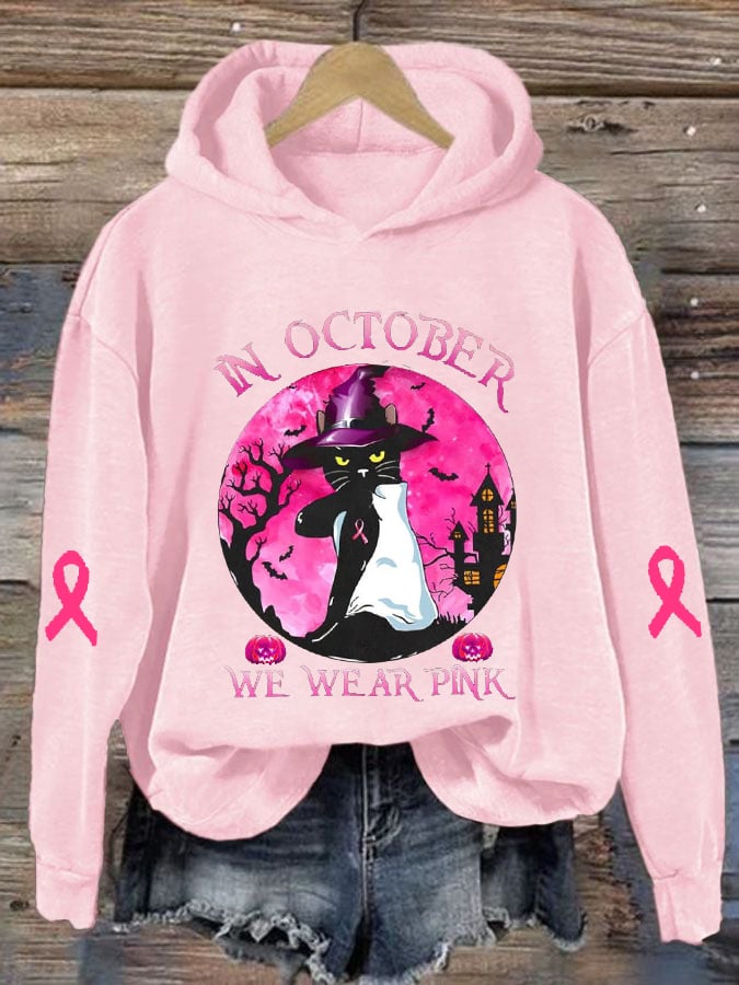 Women's Breast Cancer Awareness In October We Wear Pink With Black Cat Halloween Print Hoodie