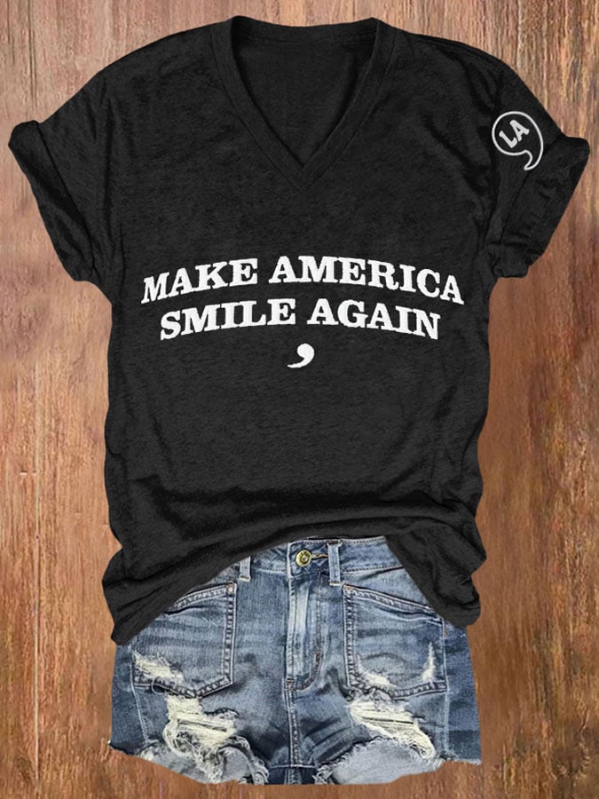 Women's 47 La Printed Casual V Neck T-Shirt