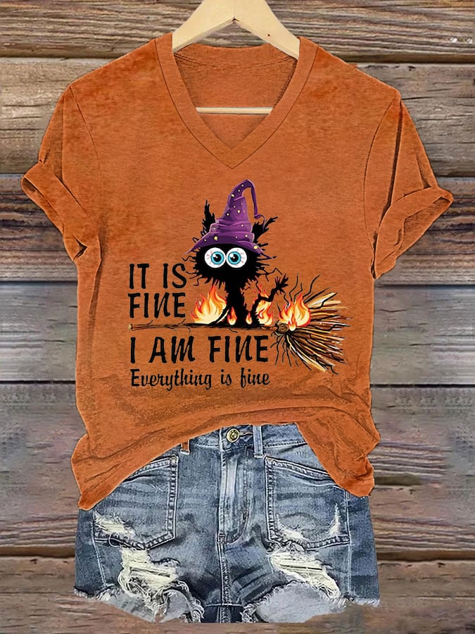 Women's Funny Halloween It's Fine I'm Fine It's Not My Blood Black Cat Print T-Shirt