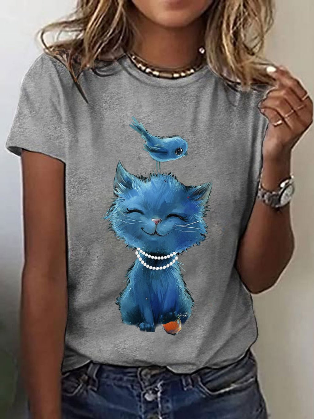 Women's Pearls Blue Cat Bird&Orange Print T-Shirt