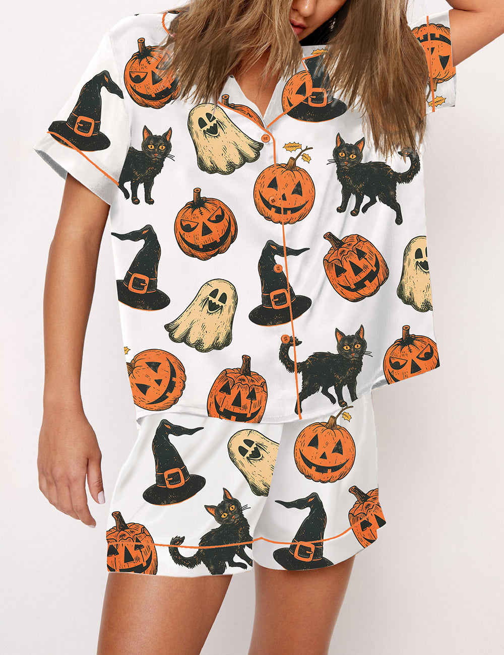 Women's 1990 Nostalgic Halloween Black Cat Pumpkin Pajama Set
