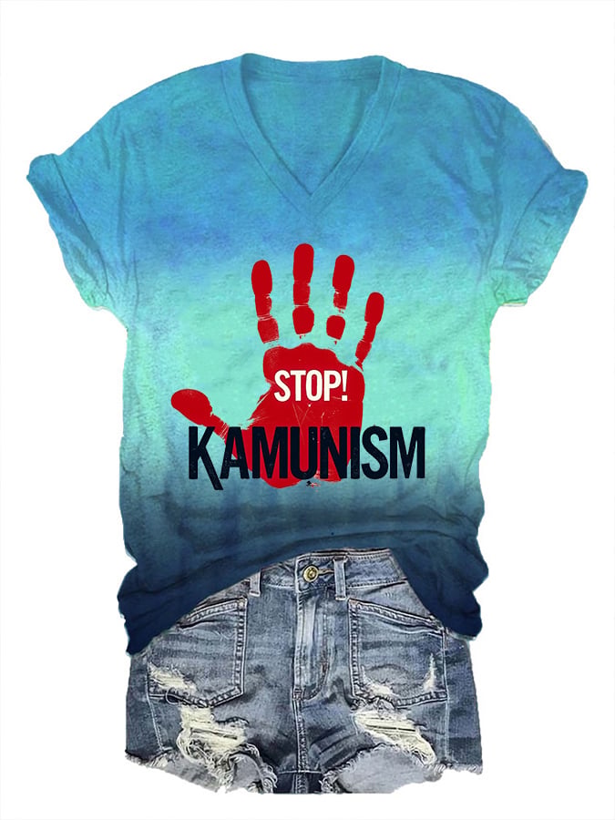 Women's Stop Kamunism Printed V-Neck T-Shirt