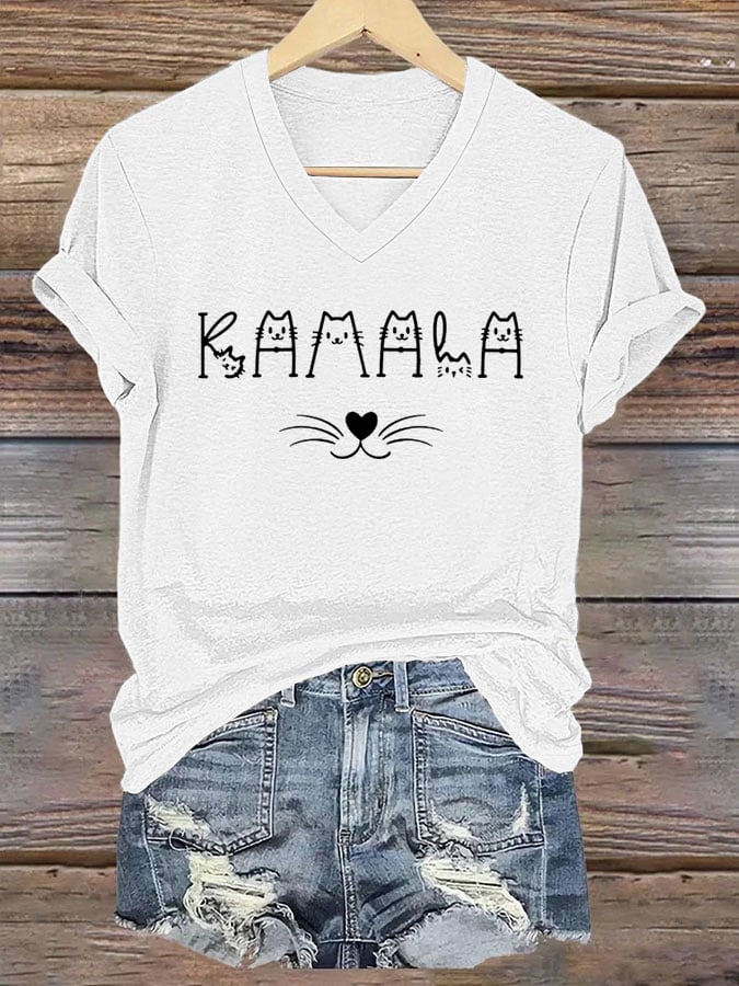 Women's Blue Wave Cat Print V-Neck T-Shirt