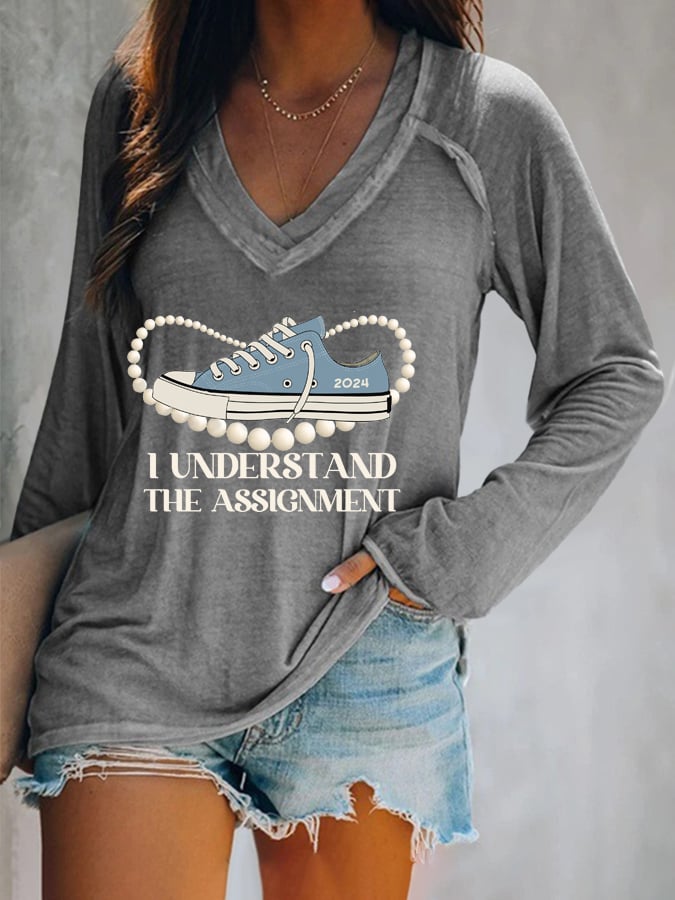 Women's I Understood The Assignment Print V Neck T-Shirt