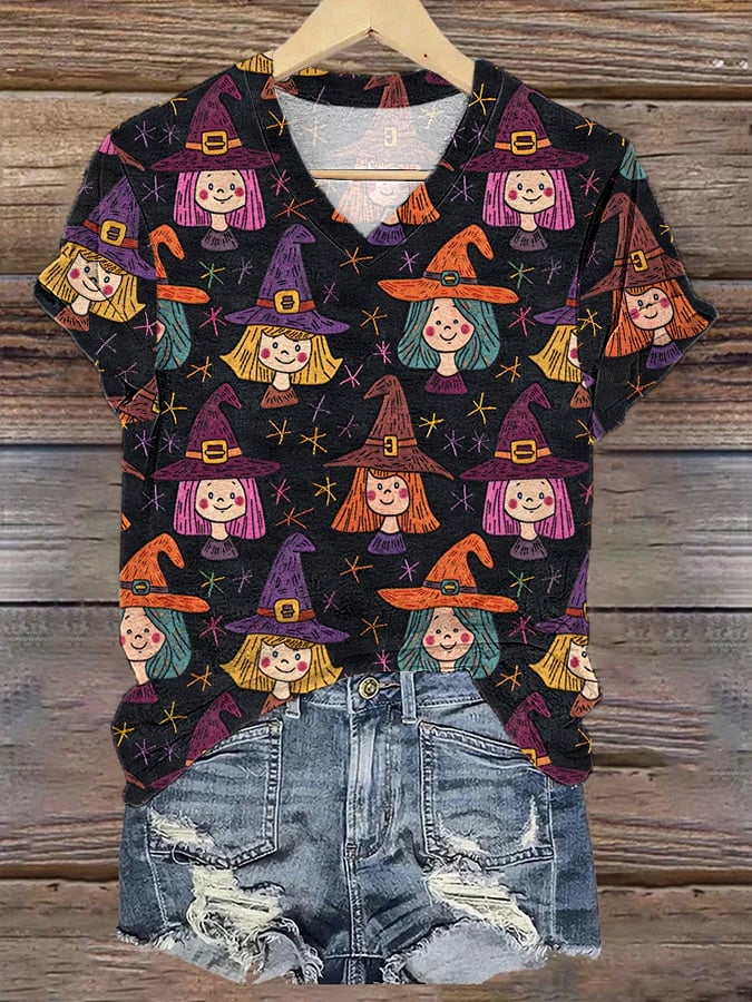 Women's Halloween Cute Little Witch Print V-Neck Tee
