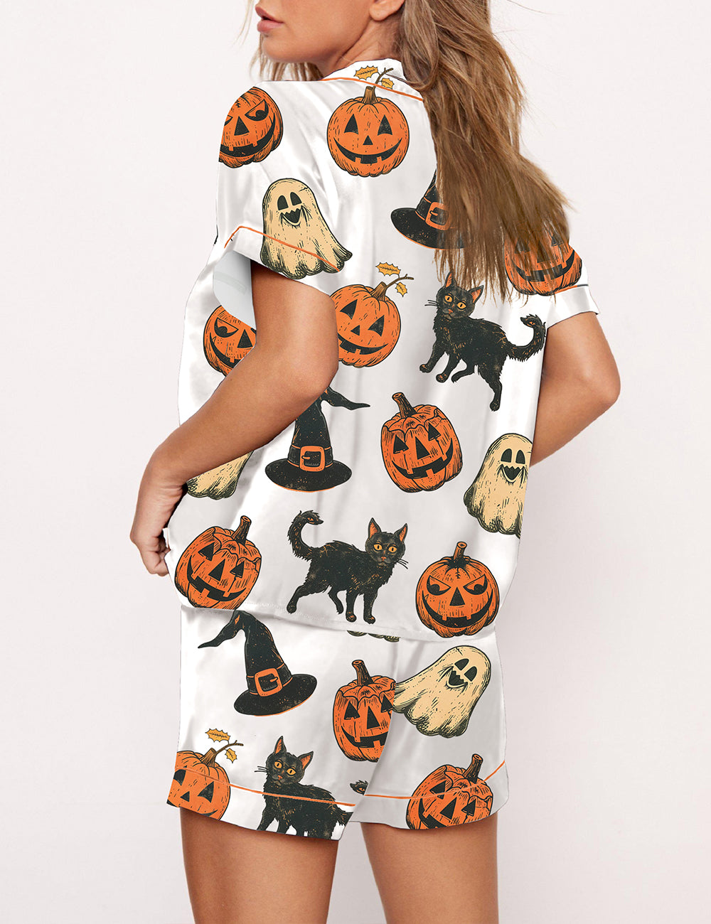 Women's 1990 Nostalgic Halloween Black Cat Pumpkin Pajama Set