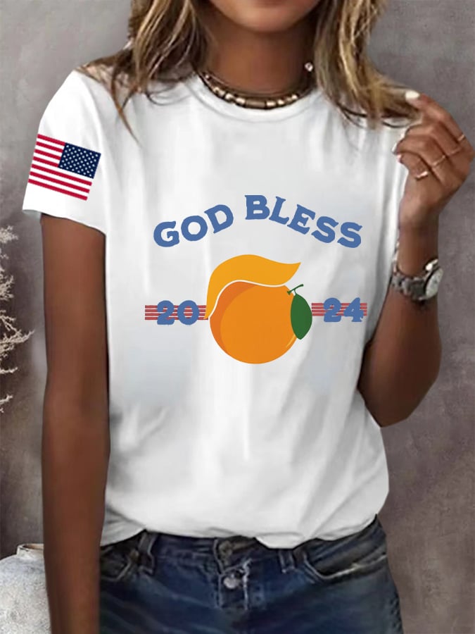 Women's God Bless Trump Printed Round Neck Short Sleeve T-Shirt