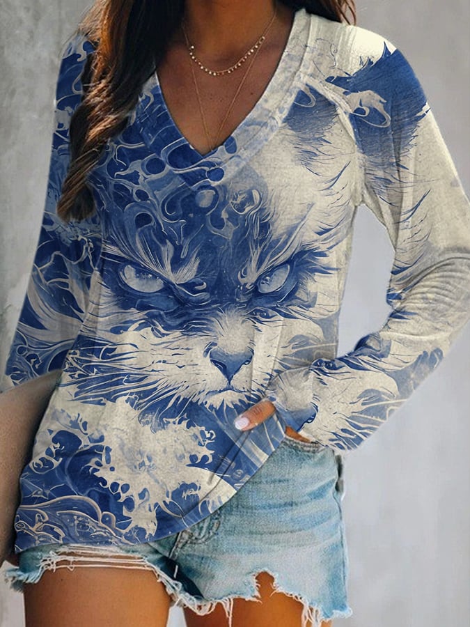 Women's Blue Waves&Cats Print V-Neck T-Shirt