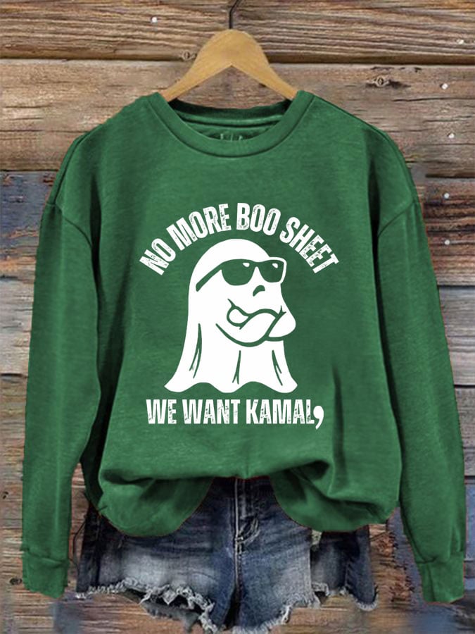 Women's No More Boo Sheet We Want Comma La Print Crew Neck Sweatshirt