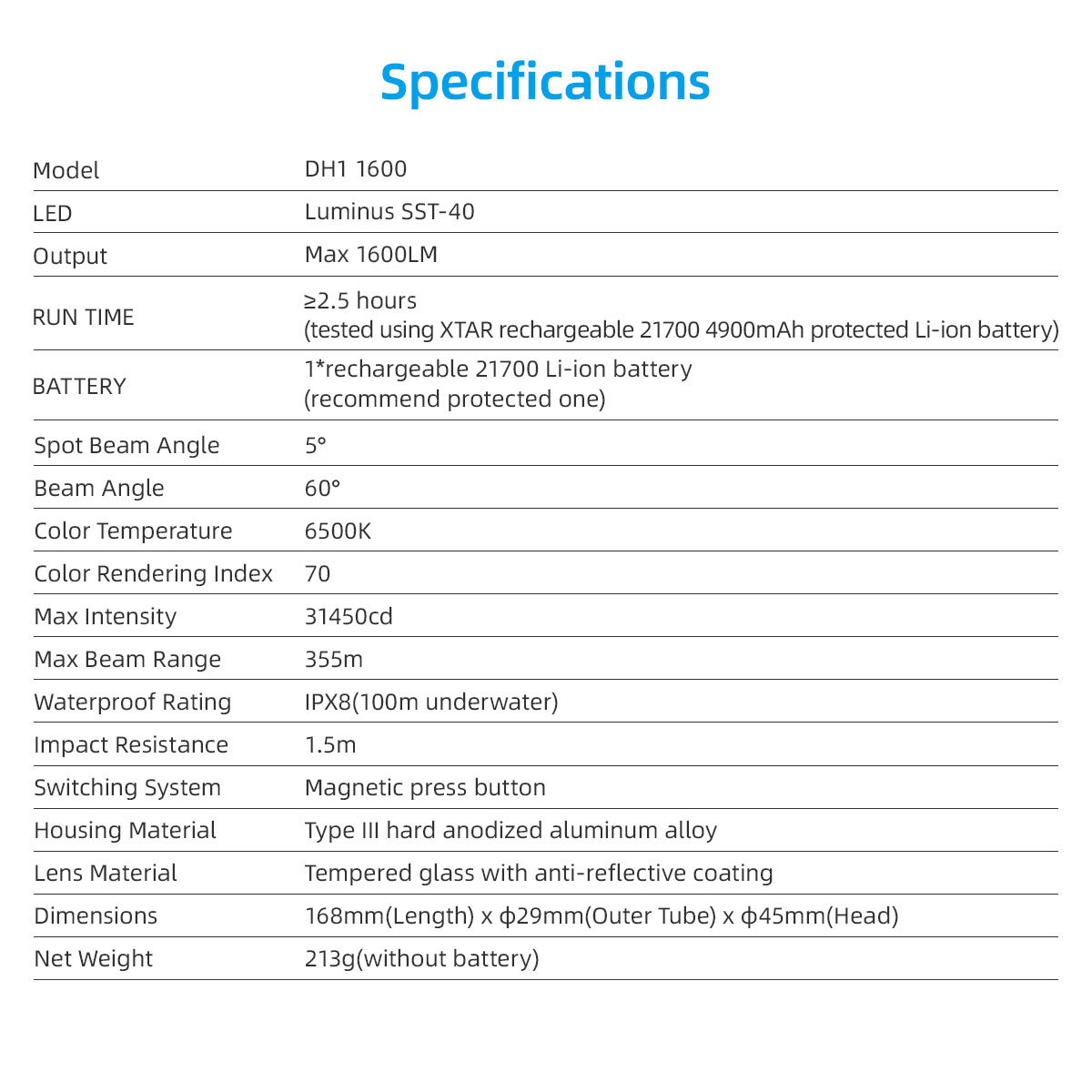 XTAR Hunter DH1 1600 Lumens Diving Flashlight