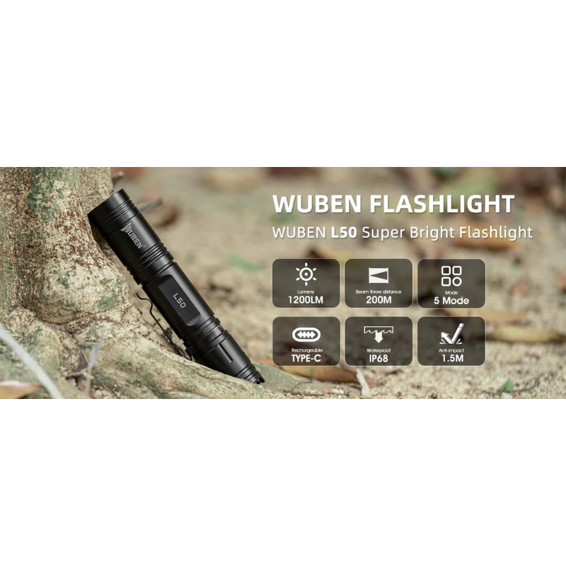 Wuben L50 EDC Rechargeable 18650 Tactical LED Flashlight