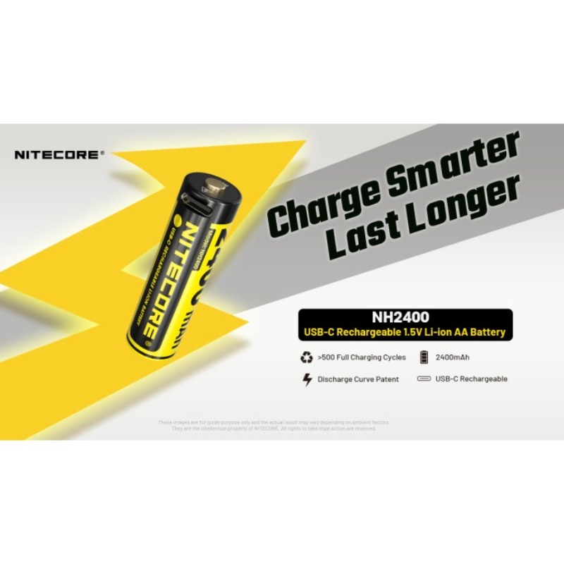 Nitecore NH2400 2400mAh USB-C Rechargeable 1.5V Li-ion AA Battery (4pc Pack) for AA-Powered Flashlights