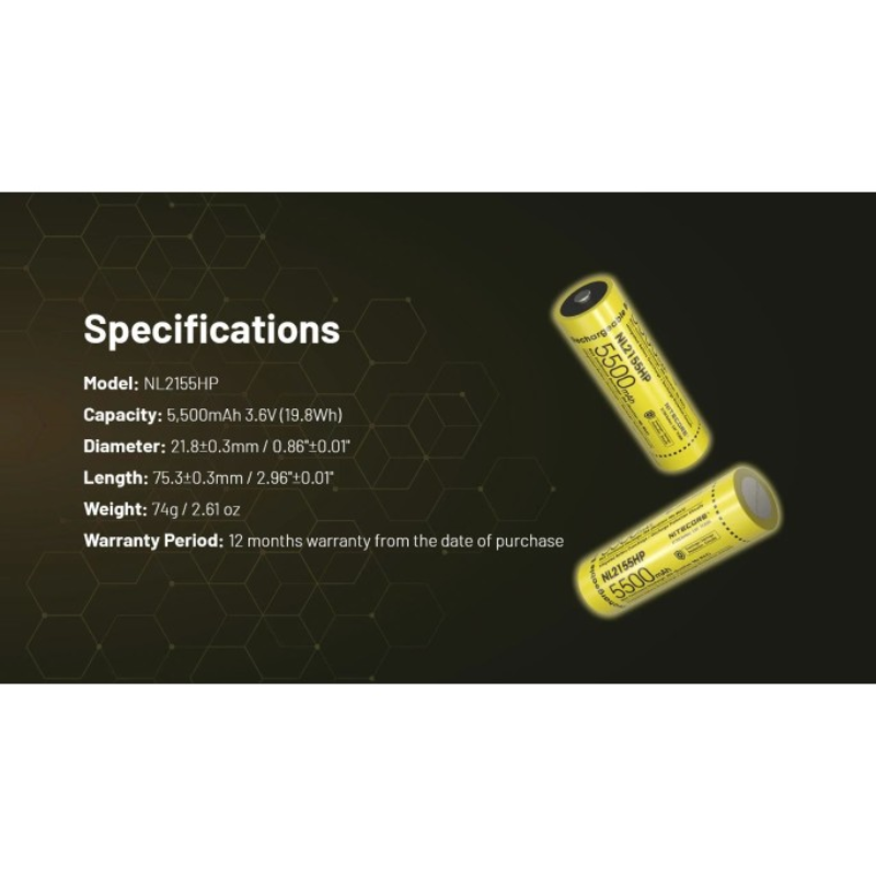 Nitecore 21700 5500mAh 20A 3.6V Rechargeable Protected Li-ion Battery NL2155HP