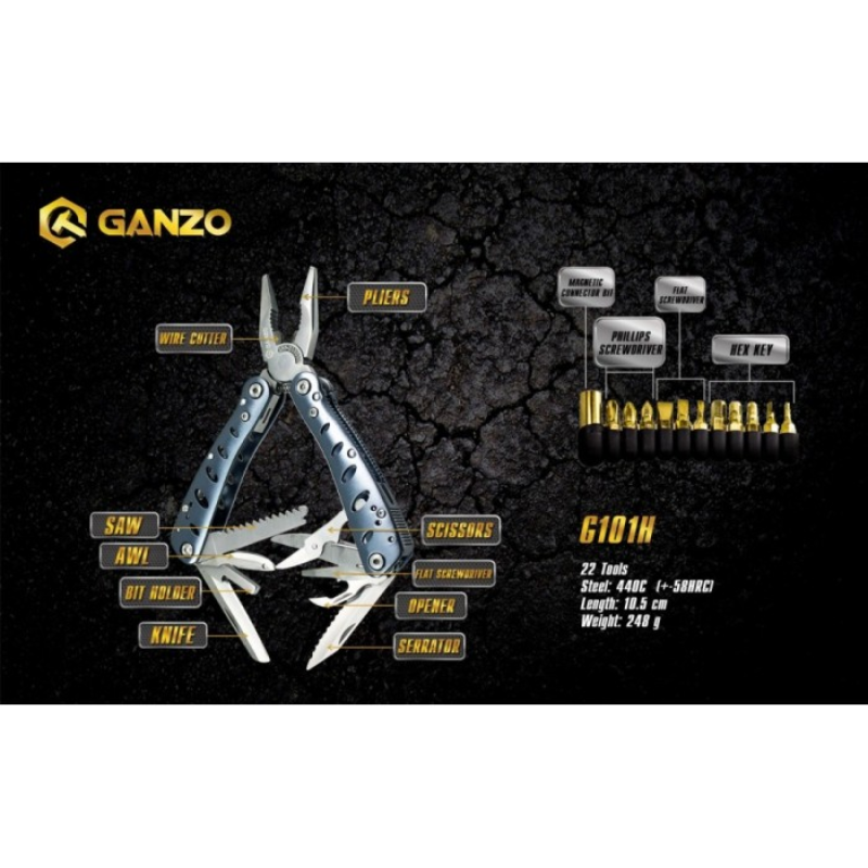 Ganzo G101H Full Size Grey Handle Multitool Plier with Bits